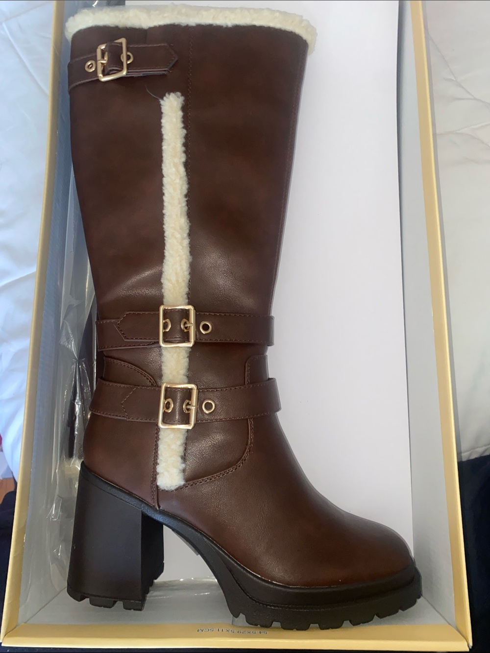 Soda Brown Faux-Shearling Mid-Calf Block Heel Boots